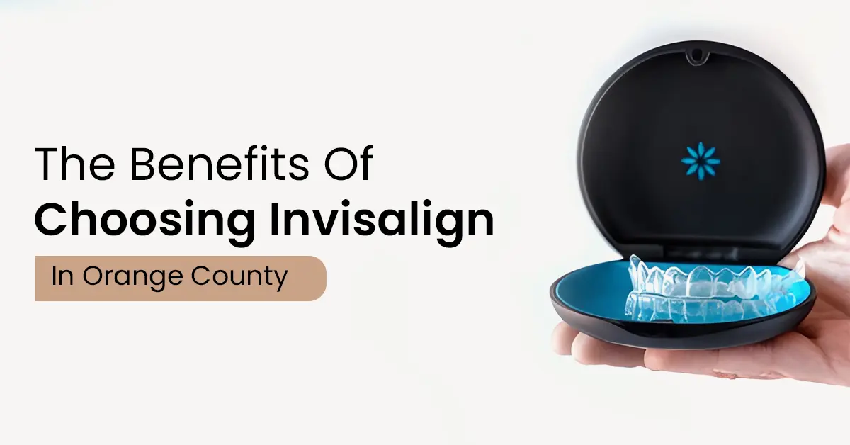 Invisalign clear aligners in an open blue and black case held in hand – promoting the benefits of choosing Invisalign in Orange County.