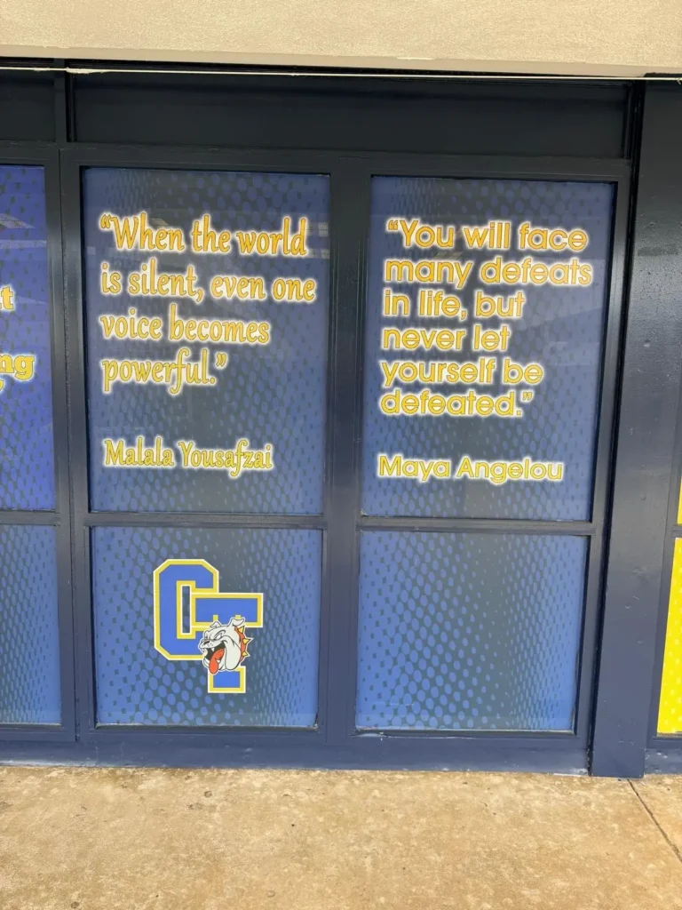 Motivational school window display at Columbus Tustin Middle School